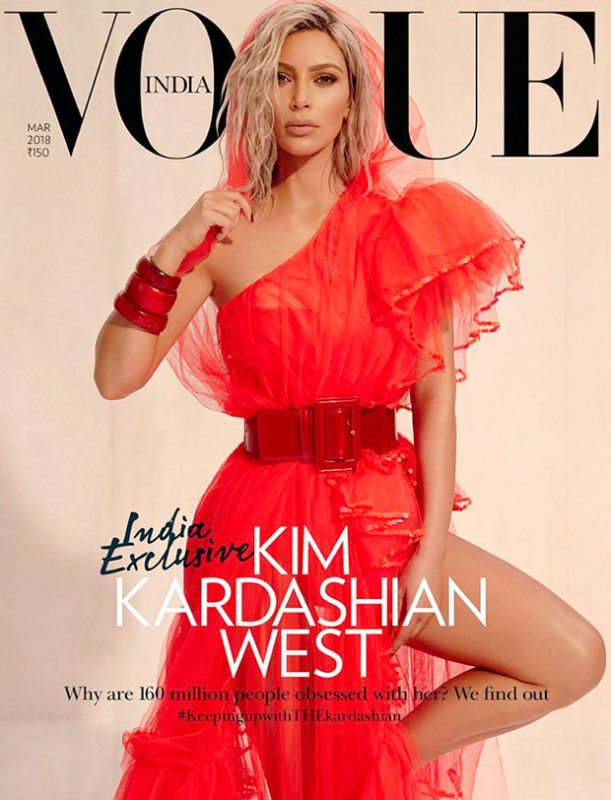 Red Alert – Kim Kardashian in a Jean Paul Gaultier saree inspired gown for Vogue India