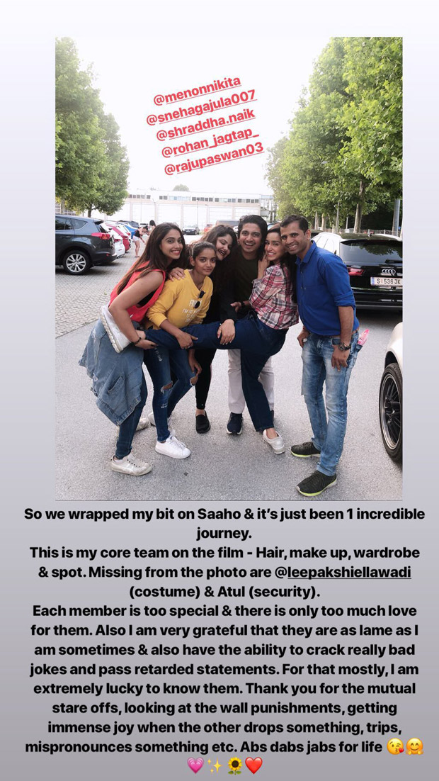Shraddha Kapoor shares a heartfelt note for her Saaho team. Read on!