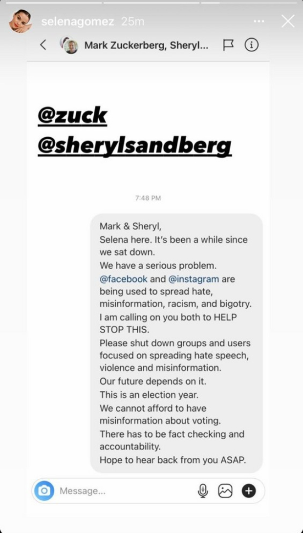 Selena Gomez sent a private message to Mark Zuckerberg and Sheryl Sandberg to call out Facebook and Instagram's racism issue