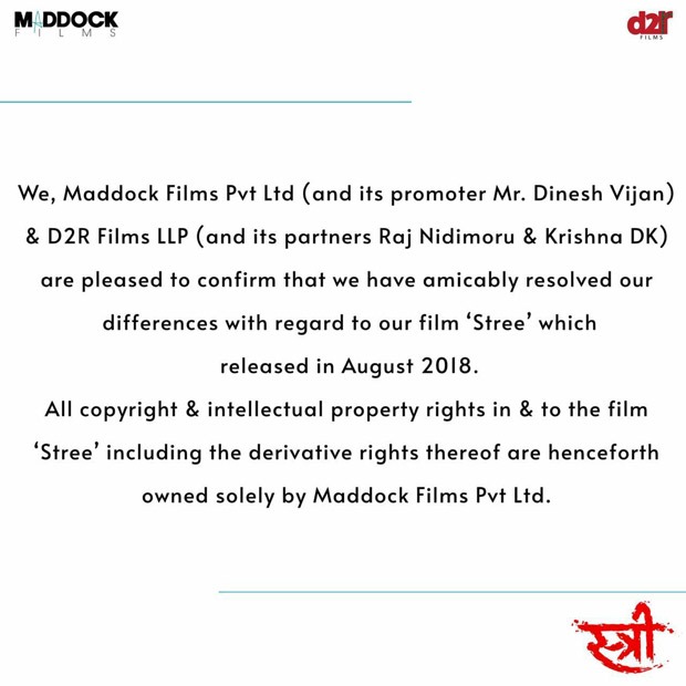 Maddock Films and D2R Films resolve their dispute over the film Stree