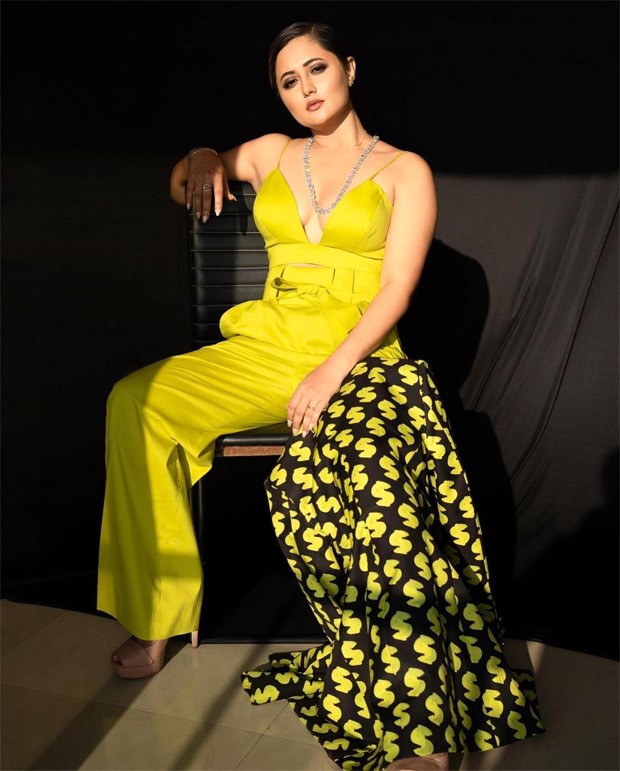 Rashami Desai looks smoking hot in plunging neckline yellow bralette and pants paired with printed blazer