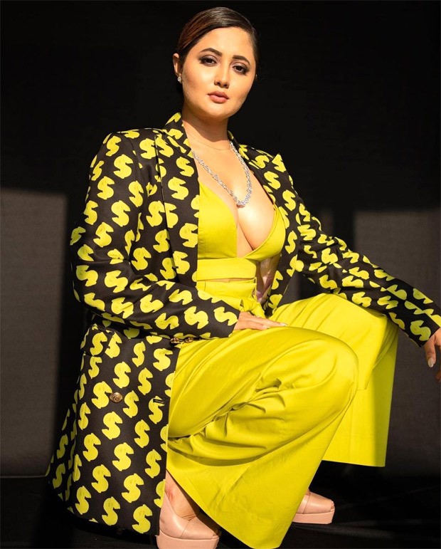 Rashami Desai looks smoking hot in plunging neckline yellow bralette and pants paired with printed blazer