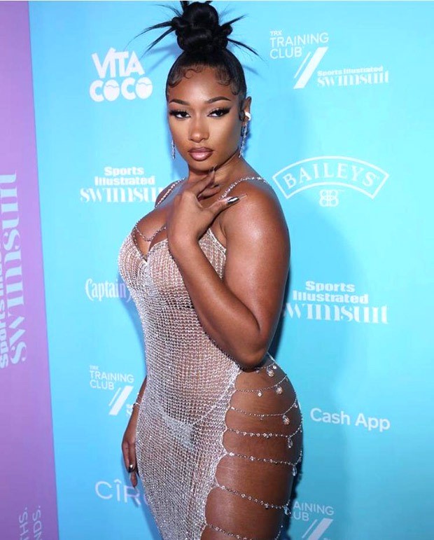 Megan Thee Stallion Sets The Internet Ablaze In Sheer Crystal Chain Dress With Waist High Slit For Sports Illustrated Swimsuit Launch Bollywood News Bollywood Trendy