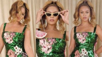 Beyoncé slays in a custom-made green sequin dress; carries a funky pink lemon slice clutch worth Rs. 3 lakh