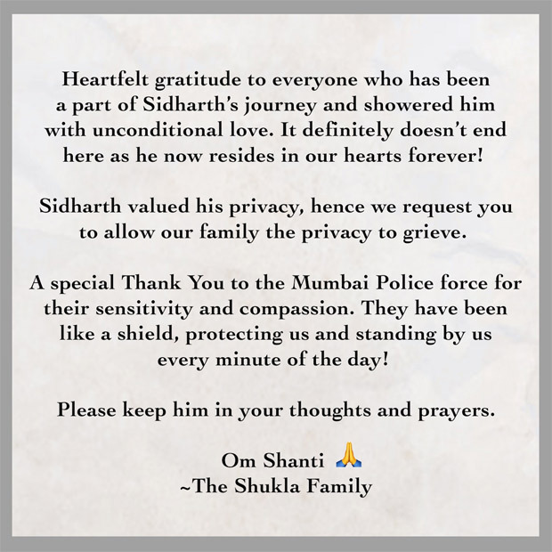 Sidharth Shukla's family releases official statement post his cremation