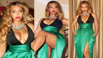Beyoncé is back to her Queen ways in a satin dress with a slit dress