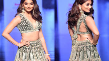 Pooja Hegde looks ethereal as the showstopper in a palace green velvet lehenga at Bombay Times Fashion Week 2021