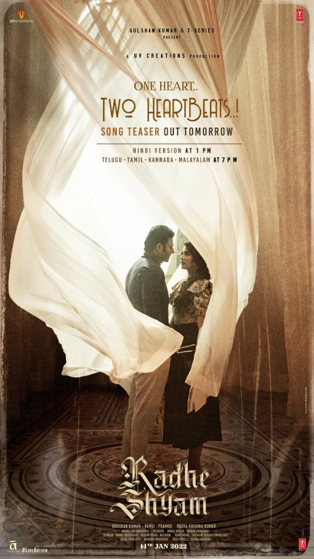 Couple Radhe Shyam Prabhas and Pooja Hegde unveil new poster before the release of the Hindi teaser song tomorrow