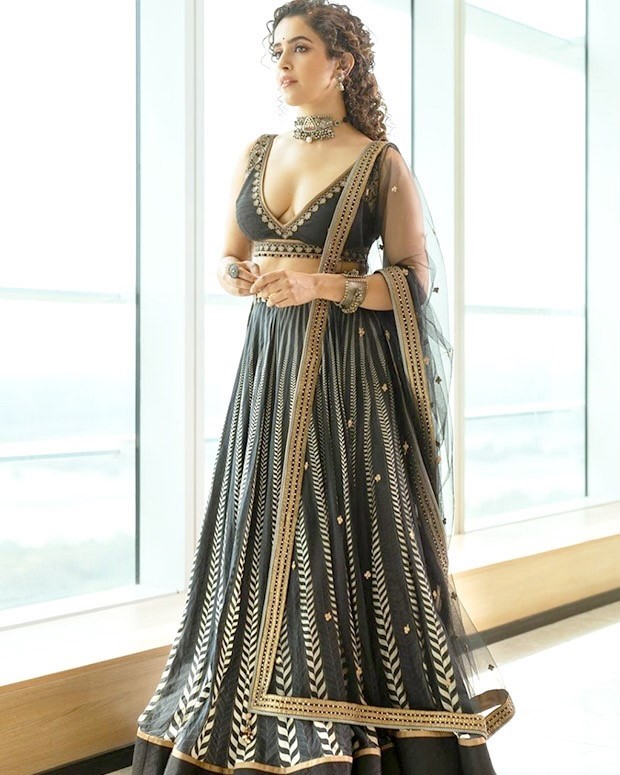 Sanya Malhotra looks breathtaking printed black lehenga with plunging neckline blouse for Meenakshi Sundareshwar promotions