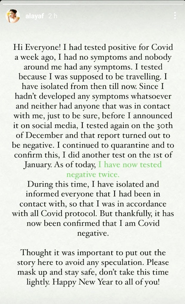 Alaya F confirms she has tested negative twice for COVD-19 after testing positive a week ago 