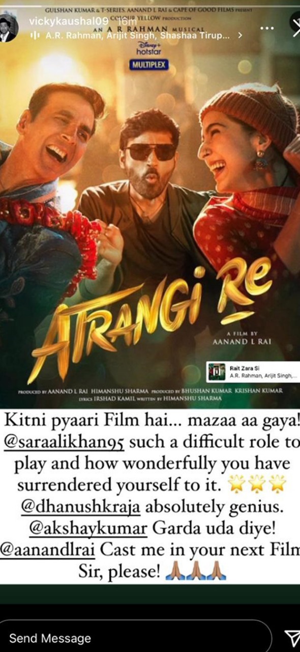 Vicky Kaushal praises Atrangi Re, picks up praise for Sara Ali Khan, Dhanush and Akshay Kumar