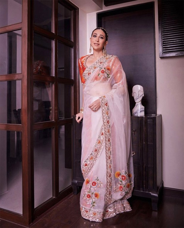 Ranbir Kapoor-Alia Bhatt Wedding Karisma Kapoor looks charismatic in sheer ivory organza saree by Manish Malhotra for marriage ceremony 