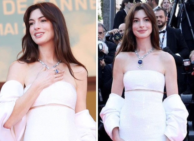 Cannes Anne Hathaway Exudes Princess Vibes In Strapless Bandeau Peach Pink Armani Prive