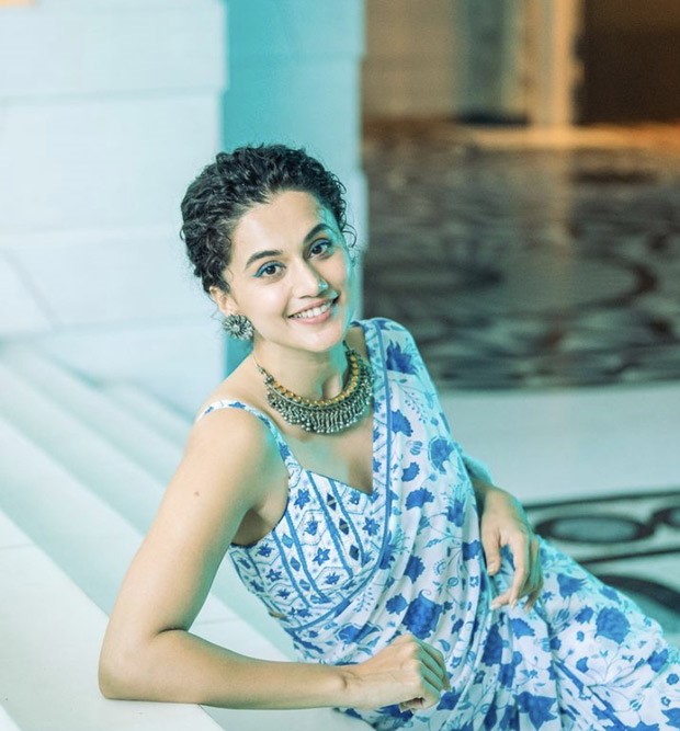 Taapsee Pannu is giving us major saree goals in blue georgette printed saree worth Rs. 9,800 for Shabash Mitthu promotions