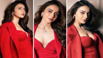 Rakul Preet Singh makes a striking style statement in a red strapless mini dress and blazer worth Rs. 5K for her music video Mashooka’s promotion